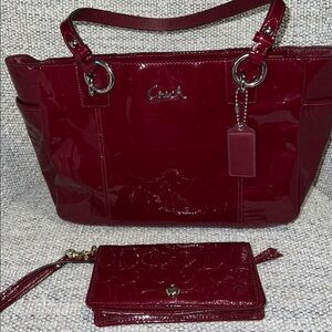 Coach Embossed Burgundy Patent Leather Bag AND Wallet/Wristlet Style F17728